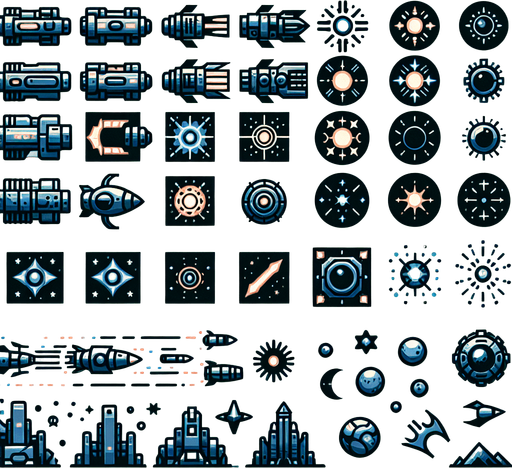 A spritesheet of various laser and space gun turret shots, including dual shots, rays and projectiles for a space game..
Single Game Texture. In-Game asset. 2d. Blank background. High contrast. No shadows.