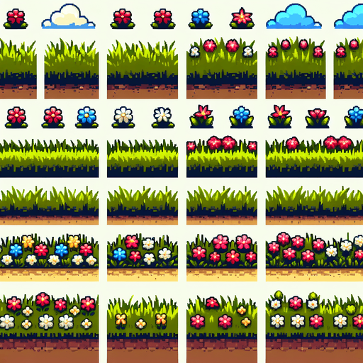 Horizontal ground sprite sheet. Grass and dirt. Sideways. Flowers
Single Game Texture.  In-Game asset.  2d.  Blank background.  High contrast.  No shadows
