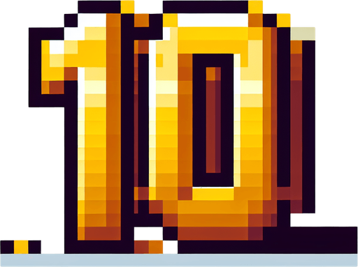number 10, golden color, pixelart
Single Game Texture. In-Game asset. 2d. Blank background. High contrast. No shadows.