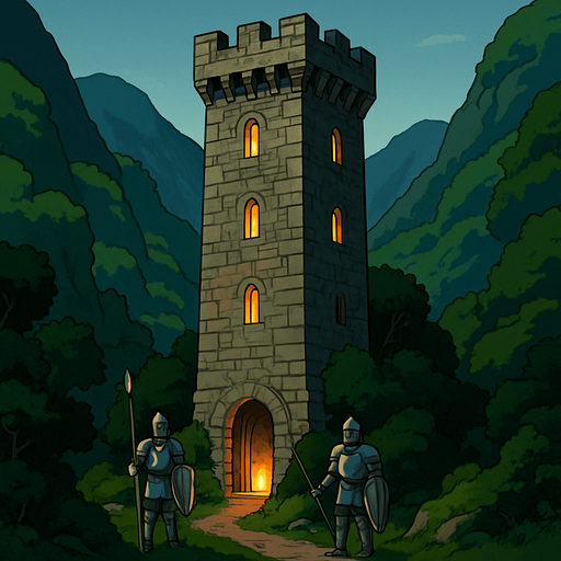 A hidden stone tower in a lush mountain pass, guarded by loyal knights, soft firelight glowing from narrow windows, peaceful and fortified, realistic.
In-Game asset.  2d.  High contrast.  No shadows