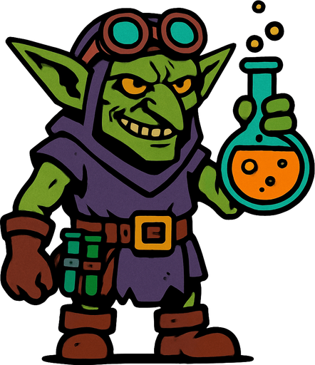 kimyasalcı goblin, boydan.
In-Game asset.  2d.  High contrast.  No shadows