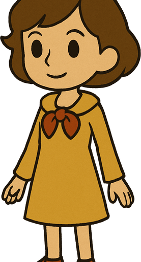 18yo girl with short brown hair professor Layton game style.
In-Game asset.  2d.  High contrast.  No shadows