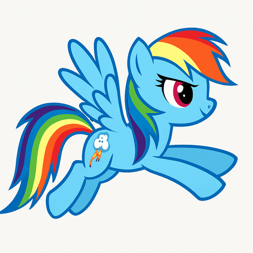 Rainbow Dash, flight position, 2D, side view.
In-Game asset.  2d.  High contrast.  No shadows