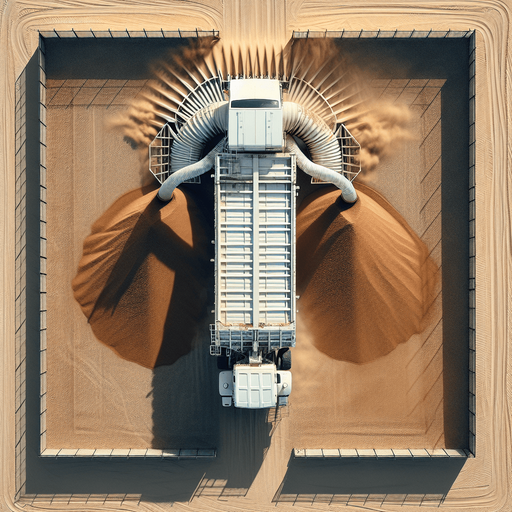 Zenith view of a white rectangular Harvester shape of a garbage truck with a triangular head. Harvesting on sand, with flowing spice in the back. inside a square fence.
Zenith view. Directly overhead. Plumb view.