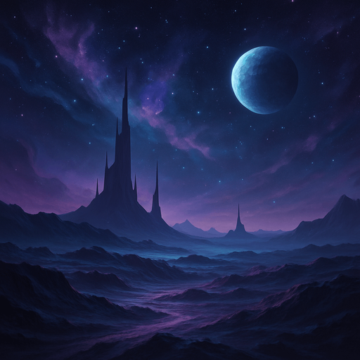 a futuristic space landscape. only one small planet visible in the sky.
No flying objects