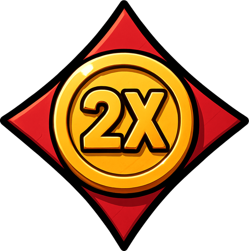 The diamond card suit with a coin in the center. The coin has a ‘2X’ in the center.  Anime style..
In-Game asset.  2d.  High contrast.  No shadows