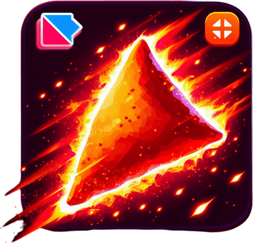 Create a spicy red samosa with flames, symbolizing a speed boost. The samosa should have a glowing effect and fire particles around it..
Single Game Texture.  In-Game asset.  2d.  Blank background.  High contrast.  No shadows