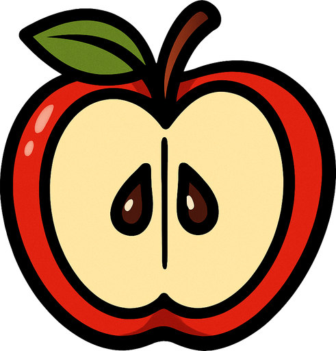 Manzana Fruta cortada a la mitad.
In-Game asset.  2d.  High contrast.  No shadows. Cartoon.
