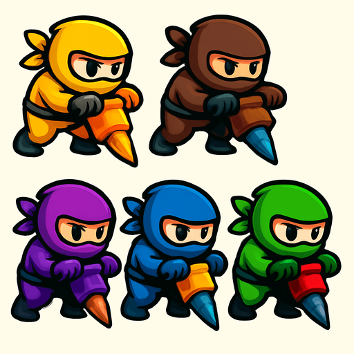 Pack of ninja characters with dig machine of sharpe rotated head of hands not trucks. different colors,yellow,pink,brown,purple,blue,green,red, HD colors