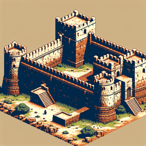 Make an ancient fortress wall facing north in an 8 bit style from a birds eye view.
Single Game Texture. In-Game asset. 2d. Blank background. High contrast. No shadows.
