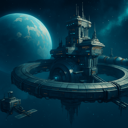 Fullscreen modern App Store landscape banner, 16:9, high definition, for a game titled "Uzay İstasyonu" and with the description "Kendi uzay kolonini kur, kaynakları topla, otomasyon sistemleri geliştir ve diğer kolonilerle stratejik savaşlara girerek galaksinin hakimi ol!". No text on banner!, Uzay istasyonu