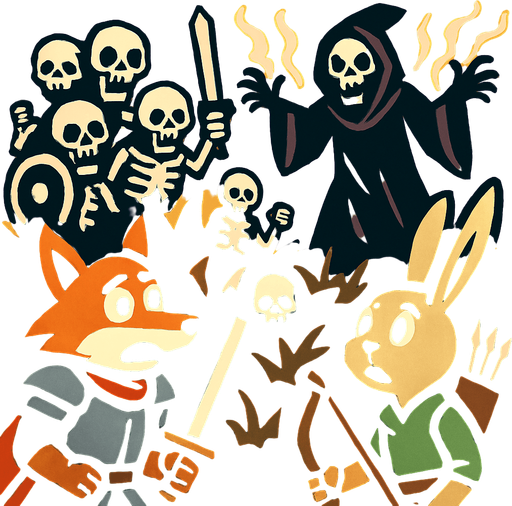 esqueletos guerreros que salen de la tierra por un brujo, miesntras un ballero zorro y un conejo arquero miran asombrado.
In-Game asset.  2d.  High contrast.  No shadows