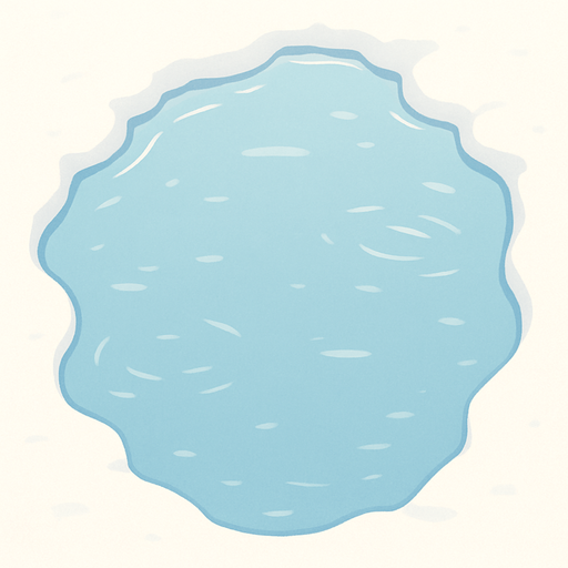 A simple top-down 2D illustration of a calm arctic lake. The scene shows the edge of the water, with a soft, snowy shoreline framing the top and one side of the image. The lake itself is a calm, light blue, with subtle light reflections on the surface to suggest water. The art style is soft and clean, like a children's book illustration..
In-Game asset.  2d.  High contrast.  No shadows