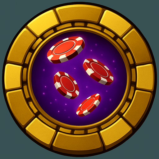 Change the image of the shield in the center to poker chips falling from the sky. Change the background color in the center to purple.