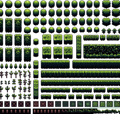 Create a sprite sheet showing the different components of the hedge.  The design should include views from above. Arrange the components on a dark background, neatly aligning each part in rows and columns for easy identification and use in game development..
Single Game Texture. In-Game asset. 2d. Blank background. High contrast. No shadows.
