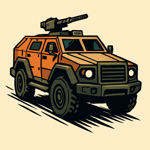 ZIRHLI ARAÇ ARKA SOL ÇAPRAZ ŞEKİLDE İLERLİYOR ÖNDEN GÖRÜNTÜ.
In-Game asset.  2d.  High contrast.  No shadows