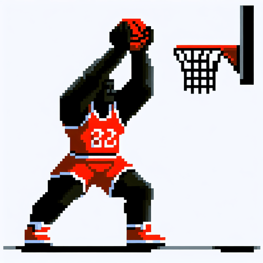 Tall, bulky, black male holding hands up trying to defend a basketball shot. Basketball player is wearing red shorts with a red jersey. The basketball is not present in the image. 8-bit art style..
Single Game Texture. In-Game asset. 2d. Blank background. High contrast. No shadows.