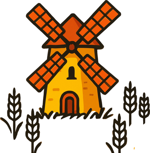 טחנת דגן בלב שדה חיטה עם רקע צהוב.
In-Game asset.  2d.  High contrast.  No shadows