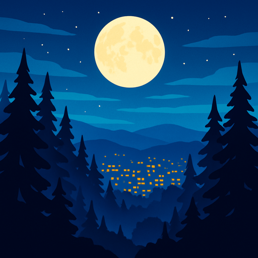 malam bulan purnama diatas hutan dataran tinggi. di kejauhan nampak kota di malam hari.
In-Game asset.  2d.  High contrast.  No shadows