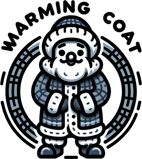 icon for santa with a thick warm coat, but his face is very cold, on a circle, with the text at top: "warming coat", cartoon Single Game Texture. In-Game asset. 2d. Blank background. High contrast. No shadows.