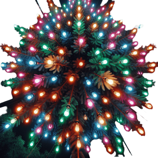 Photorealistic pine tree in night light with color lightbulbs, top view