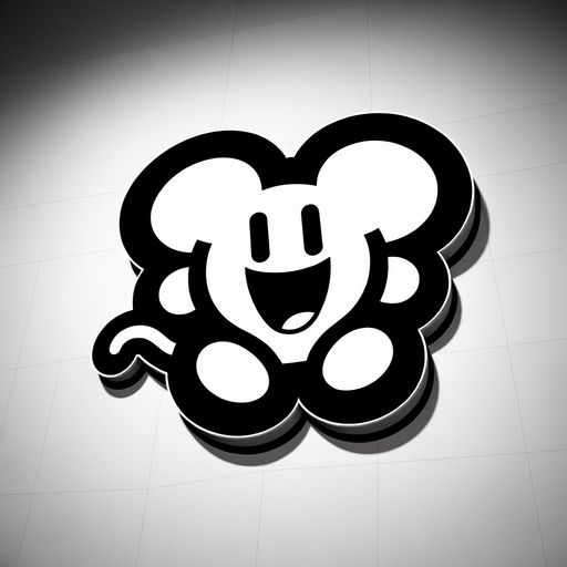 top-down view, videogame kitchen mickey mouse 
character, 90s style sticker, flat, no perspective, silhouette,  black and white, cartoon, fun, simple,.
Single Game Texture. In-Game asset. 2d. Blank background. High contrast. No shadows.