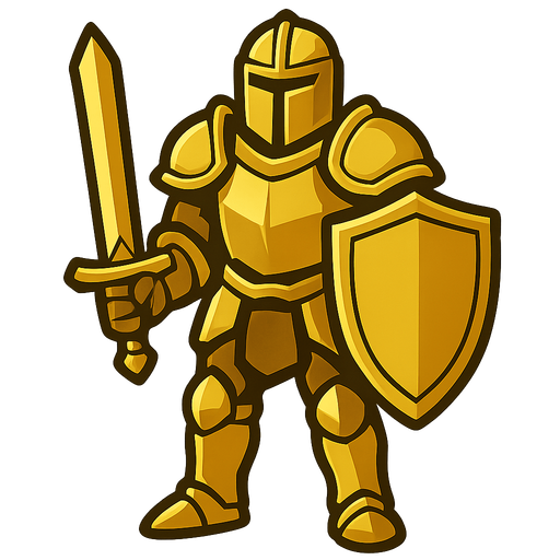 A knight with golden armour, golden shield and golden sword.
In-Game asset.  2d.  High contrast.  No shadows