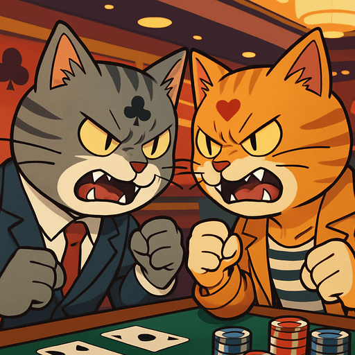 A 2:3 ratio rectangular picture that shows two card playing cats in a casino very close face to face with teeth bared and fists clenched as if they’re about to fight. Each cat has a different card suit pattern on the fur of their forehead. One is wearing a suit and the other is wearing tan leather jacket with a striped tank top underneath. Anime style..
In-Game asset.  2d.  High contrast.  No shadows