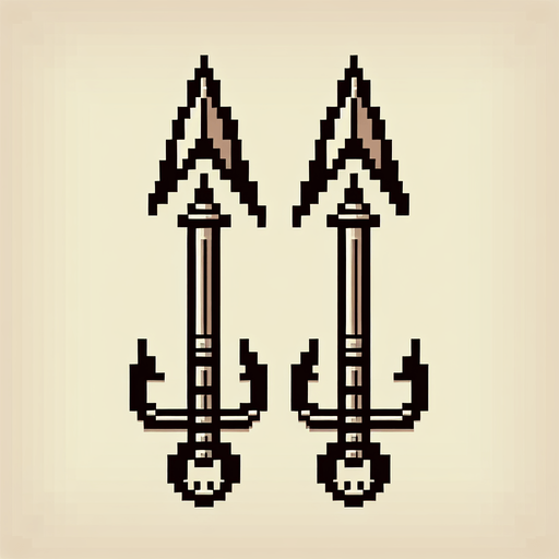 two harpoons looking up, retro, pixel.
Single Game Texture. In-Game asset. 2d. Blank background. High contrast. No shadows.