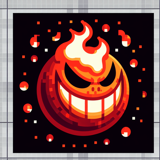 Burning ball shaped creepy grinning devil.
Single Game Texture. In-Game asset. 2d. Blank background. High contrast. No shadows. 8 bit