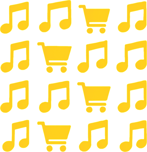 Mavi arka plan üzerinde sarı müzik notası simgeleri ve market arabası simgeleri olsun.
In-Game asset.  2d.  High contrast.  No shadows