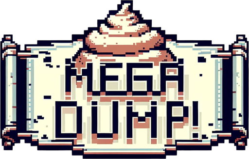 text saying "Mega Dump!" against a giant poop banner. pixelated. 8-bit.
Single Game Texture. In-Game asset. 2d. Blank background. High contrast. No shadows.