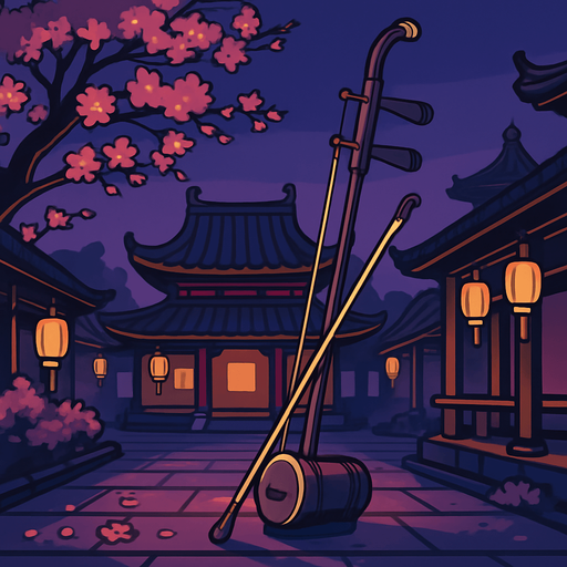 A traditional Chinese courtyard with lanterns, pagodas, and cherry blossoms. Add a calm evening vibe for the Erhu instrument..
In-Game asset.  2d.  High contrast.  No shadows