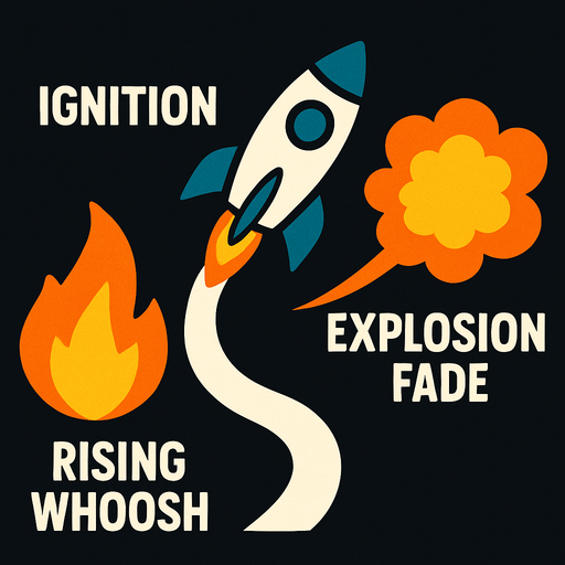 A powerful and dynamic rocket launch sound effect for a 2D arcade game. It should include ignition, rising whoosh, and a subtle explosion fade as it flies off-screen.".
In-Game asset.  2d.  High contrast.  No shadows
