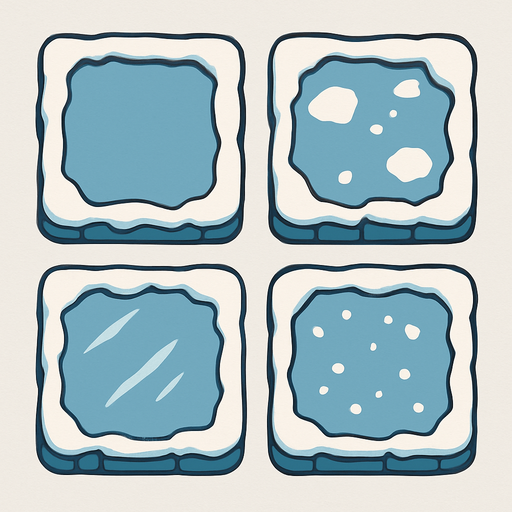 Generate a 2D sprite sheet arranged in a 2x2 grid, featuring game tiles of stylized arctic ice for a mobile game. The art style should be a clean vector illustration with flat colors and high contrast, suitable for a top-down, bird's-eye view. There should be no shadows.
The sprite sheet must show 4 distinct variations of an ice tile, each with a different surface appearance:.
In-Game asset.  2d.  High contrast.  No shadows