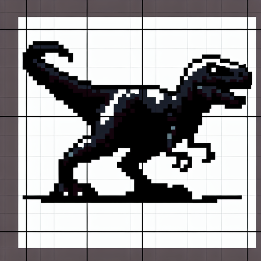 2D Black Pixel Art T-Rex chrome trex game.
Single Game Texture. In-Game asset. 2d. Blank background. High contrast. No shadows.