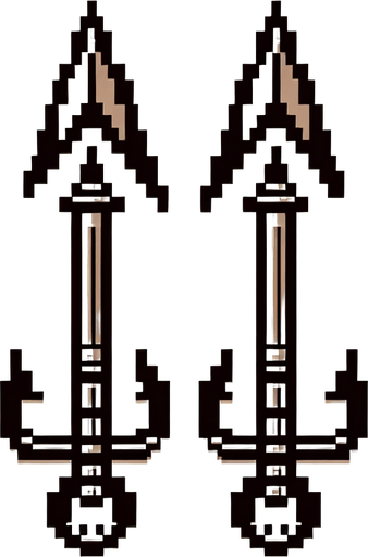 two harpoons looking up, retro, pixel.
Single Game Texture. In-Game asset. 2d. Blank background. High contrast. No shadows.