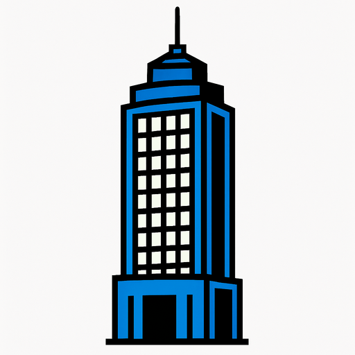 "A 2D in-game asset of a skyscraper, showing only one face of the tower. The design should be high contrast with no shadows.".
In-Game asset.  2d.  High contrast.  No shadows