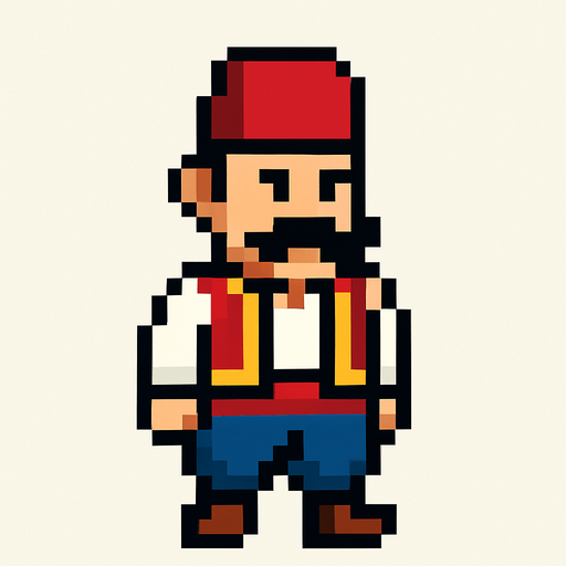 Create a pixel art turkish character.
In-Game asset.  2d.  High contrast.  No shadows