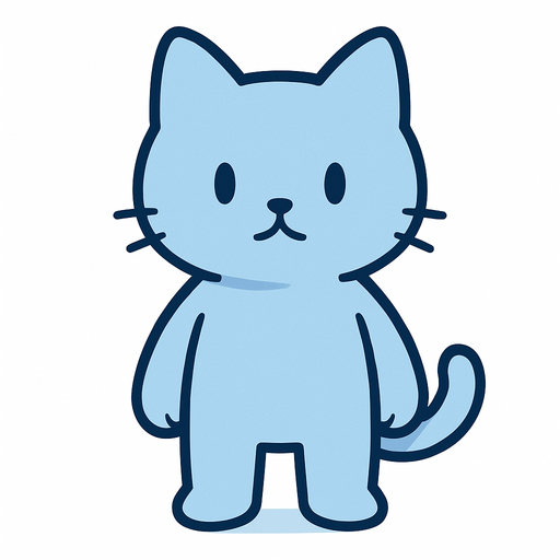 A simple blue cartoon cat standing upright, no accessories or effects, clean and minimal style, no musical notes or particles, not too stylish, designed as the main character for a rhythm game with a cold, minimal theme, light outlines and smooth shading, no background.
In-Game asset.  2d.  High contrast.  No shadows