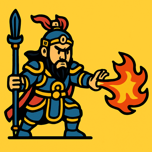 erlang shen. the sun wukong enemy. side scroller image. atack with fire 
In-Game asset.  2d.  High contrast.  No shadows