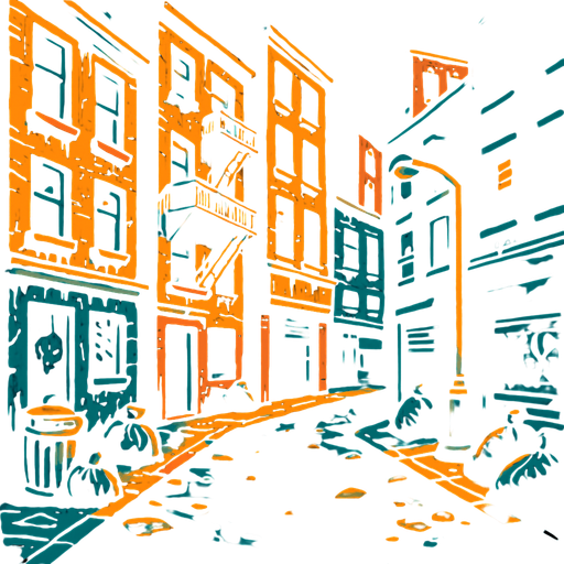 una calle de una ciudad peligrosa con edificios viejos en la parte de arriba.
In-Game asset.  2d.  High contrast.  No shadows