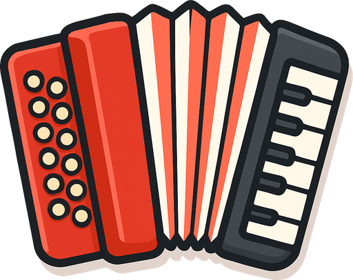 A clean, colorful 2D illustration of a traditional accordion, designed in cartoon or flat vector style. The accordion should have red-and-white or black-and-white bellows, visible keys and buttons, and rounded edges. Add a soft shadow and outline to make it pop against any background. Export as a transparent PNG (no background), suitable for use as a game asset in a mobile quiz game. Size should be square-friendly and visually clear even at small sizes..
In-Game asset.  2d.  High contrast.  No shadows