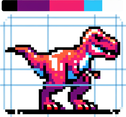 Create a left-facing version, 2d, trex ,pixel art.
Single Game Texture. In-Game asset. 2d. Blank background. High contrast. No shadows.