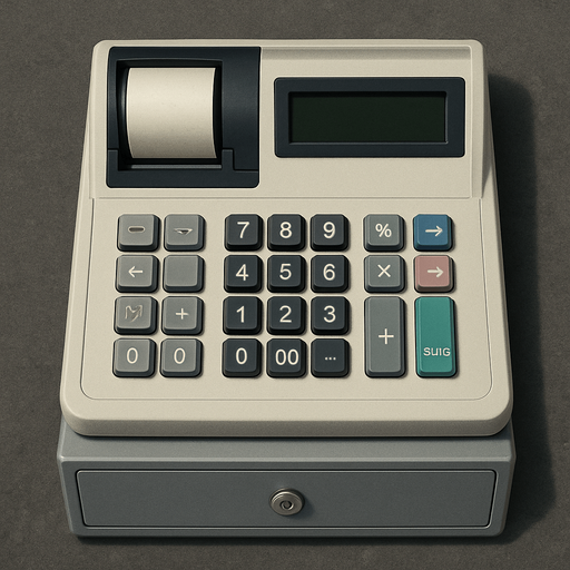 Üstten Bakış Yazar Kasa - Yazısız - Gerçekçi.
In-Game asset.  2d.  High contrast.  No shadows