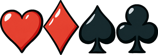 The four card suits. Hearts, diamonds, spades and clubs. Anime style..
In-Game asset.  2d.  High contrast.  No shadows
