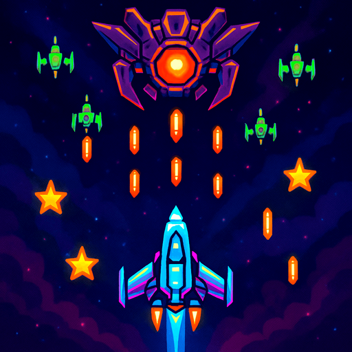 The image showcases a space-themed scene, reminiscent of a classic arcade shooter game. At the center, a sleek, futuristic spaceship is flying towards a large, menacing enemy craft positioned at the top of the image. The enemy ship has a glowing orange core and is surrounded by sharp, angular details.

In the background, a cosmic space environment with a blend of dark purples and blues sets the tone. Several smaller enemy ships, colored green, are positioned in a formation, actively shooting orange projectiles toward the player’s ship. There are also star-shaped icons scattered across the scene, possibly representing power-ups or achievements. The overall aesthetic combines sharp, vibrant neon colors with a retro-futuristic design, giving it a sense of high-energy action..
In-Game asset.  2d.  High contrast.  No shadows. Space Shooter  Arcade Game  Futuristic Spaceships  Retro Gaming  Space Battle  Sci-Fi Art  Video Game Art  Pixel Art Style