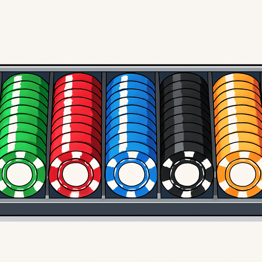 A long rack of different colored poker chips seen from above. Anime style..
In-Game asset.  2d.  High contrast.  No shadows