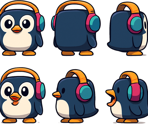 Create a character sprite sheet for a 2D mobile game. The subject is a cubical cute, chubby penguin character with large, expressive eyes, wearing oversized, colorful headphones. The art style should be clean vector art with bold outlines and simple, vibrant cel shading. The sheet must be on a plain white background with each sprite clearly separated. Include the following 6 full-body sprites in an orthographic, non-perspective view:
Idle stance, facing front.
Idle stance, facing back.
Idle stance, left side view. Idle stance, right side view.
Mouth wide open (as if eating), facing front.
Mouth wide open, left side view.