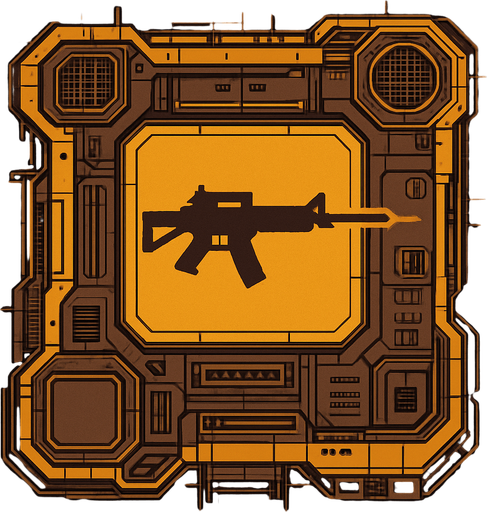 2D Top floor of complicated tower facing the screen to use it as a grid. future. Cyberpunk. abstract. seen from above. HD colors. Yellow & brown colors. No Diagonal assets. Big logo of a Rifle firing on the middle of it.